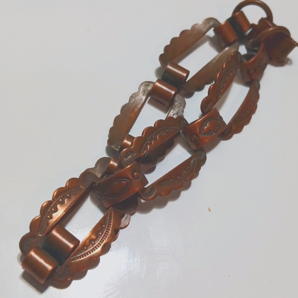 Vintage 1960s Copper Open Link Stamped Bracelet Native American Symbols